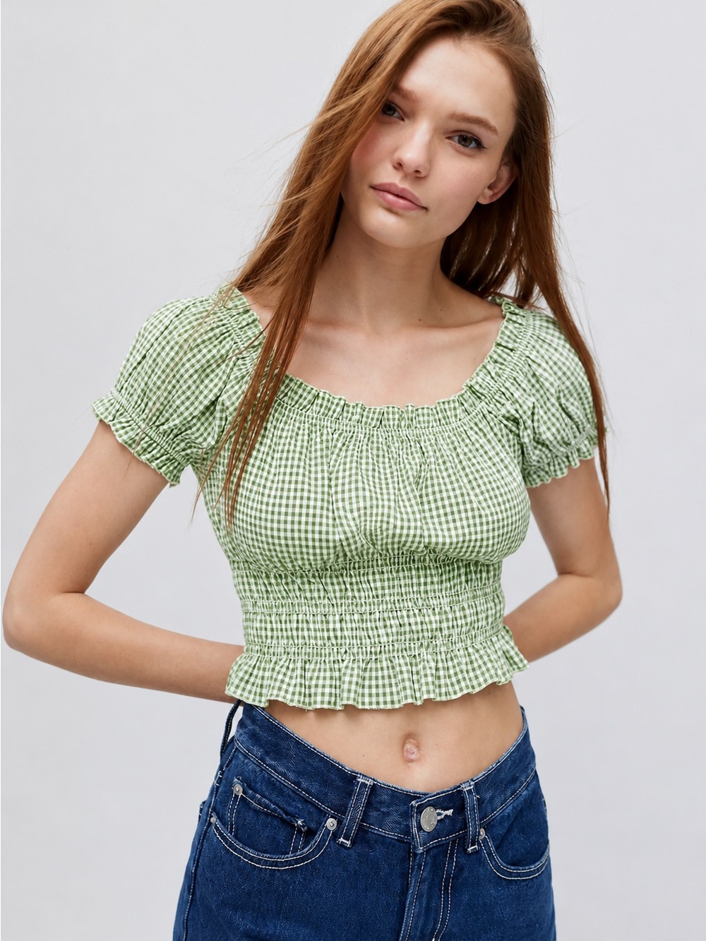Lisa Says Gah Green Gingham Smocked Crop Top
